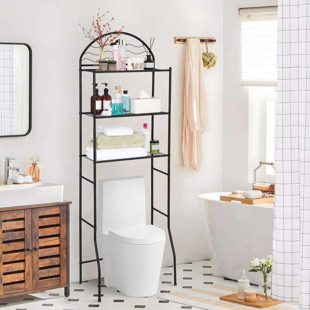 Over The Toilet Storage Shelves, 3 Tier Bathroom Organizer Racks Over Toilet, Narrow Above Toilet Shelves, Freestanding Towel Racks for Apartments, Restrooms, Black