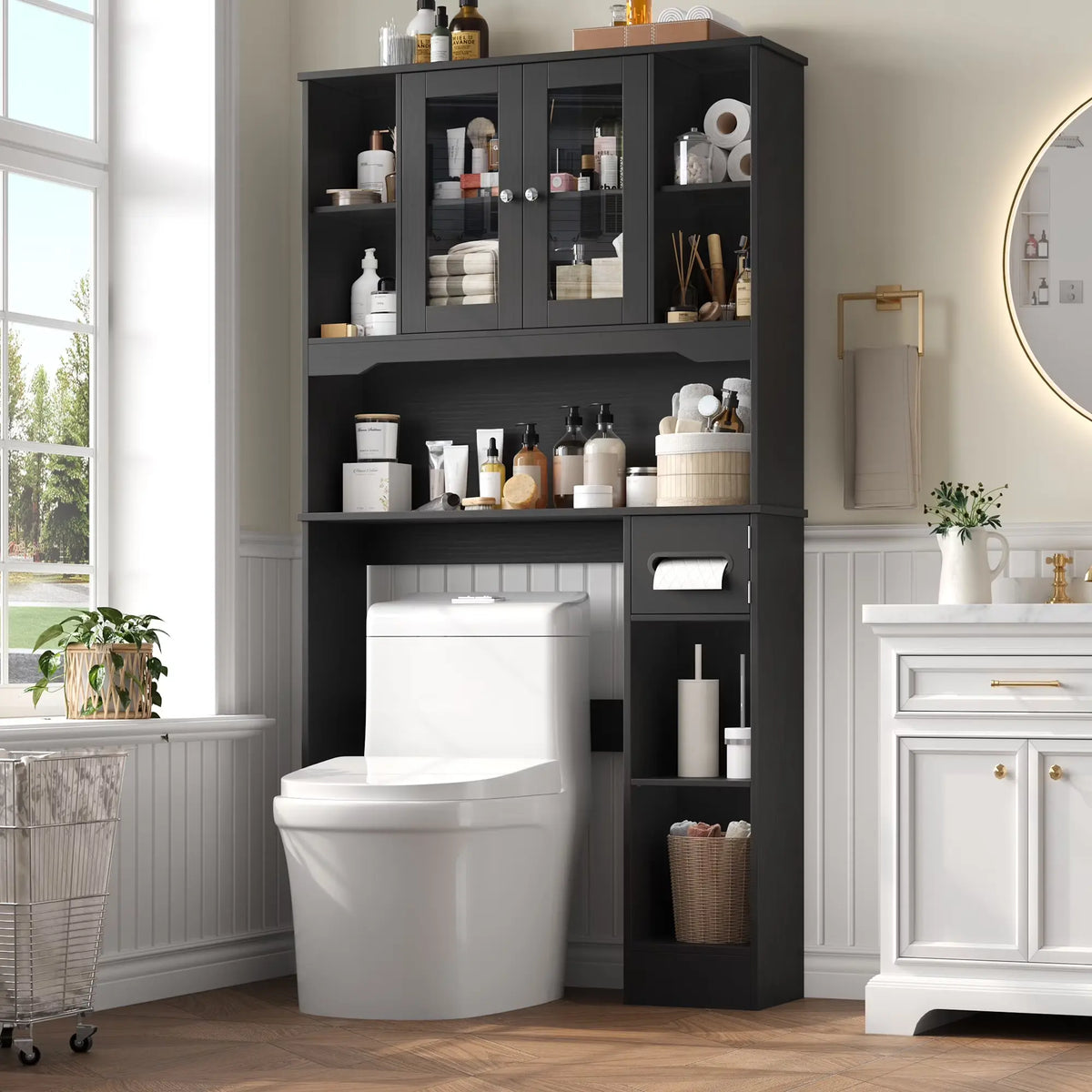 FOTOSOK Over The Toilet Storage Cabinet with Glass Doors & Built-in Tissue Holder, Space-Saving Bathroom Organizer Shelf for Bathroom and Laundry Room