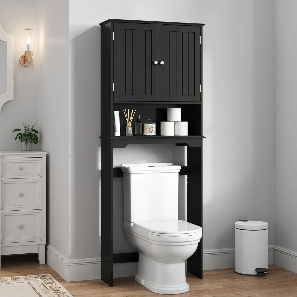 Over The Toilet Storage Cabinet - Freestanding Easy Install Bathroom Furniture with Double Doors, Adjustable Shelf