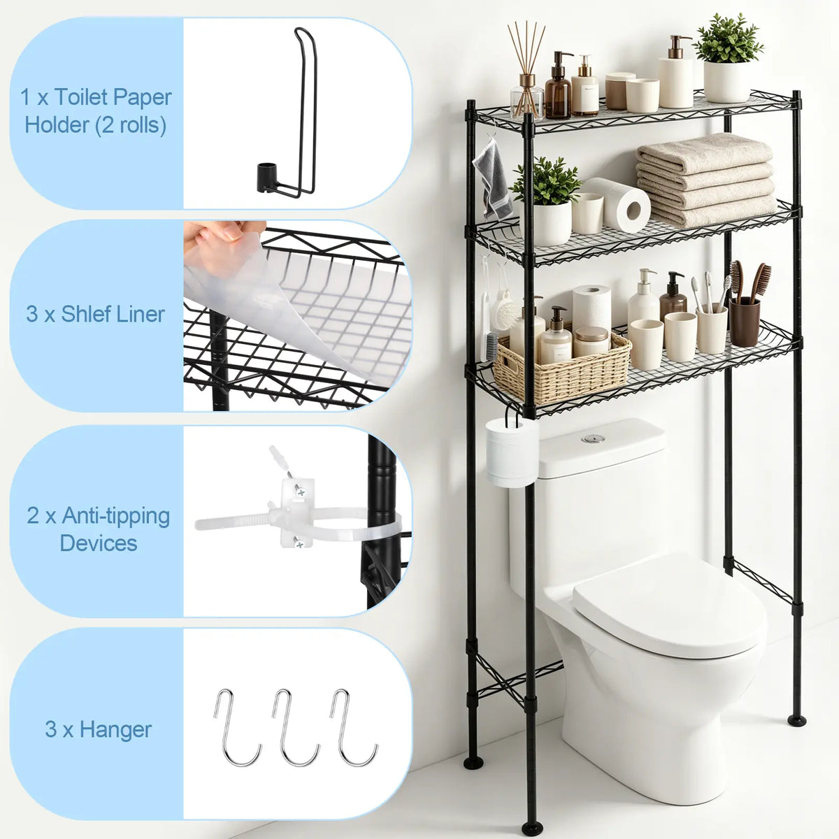 4-Tier Over-The-Toilet Space Saver Organizer Rack, Bathroom Organizing Accessory with Adjustable Shelf, Basket, 2 Towel & Toiletry Hooks, Dorm Essential, Bathroom Decor Ideas