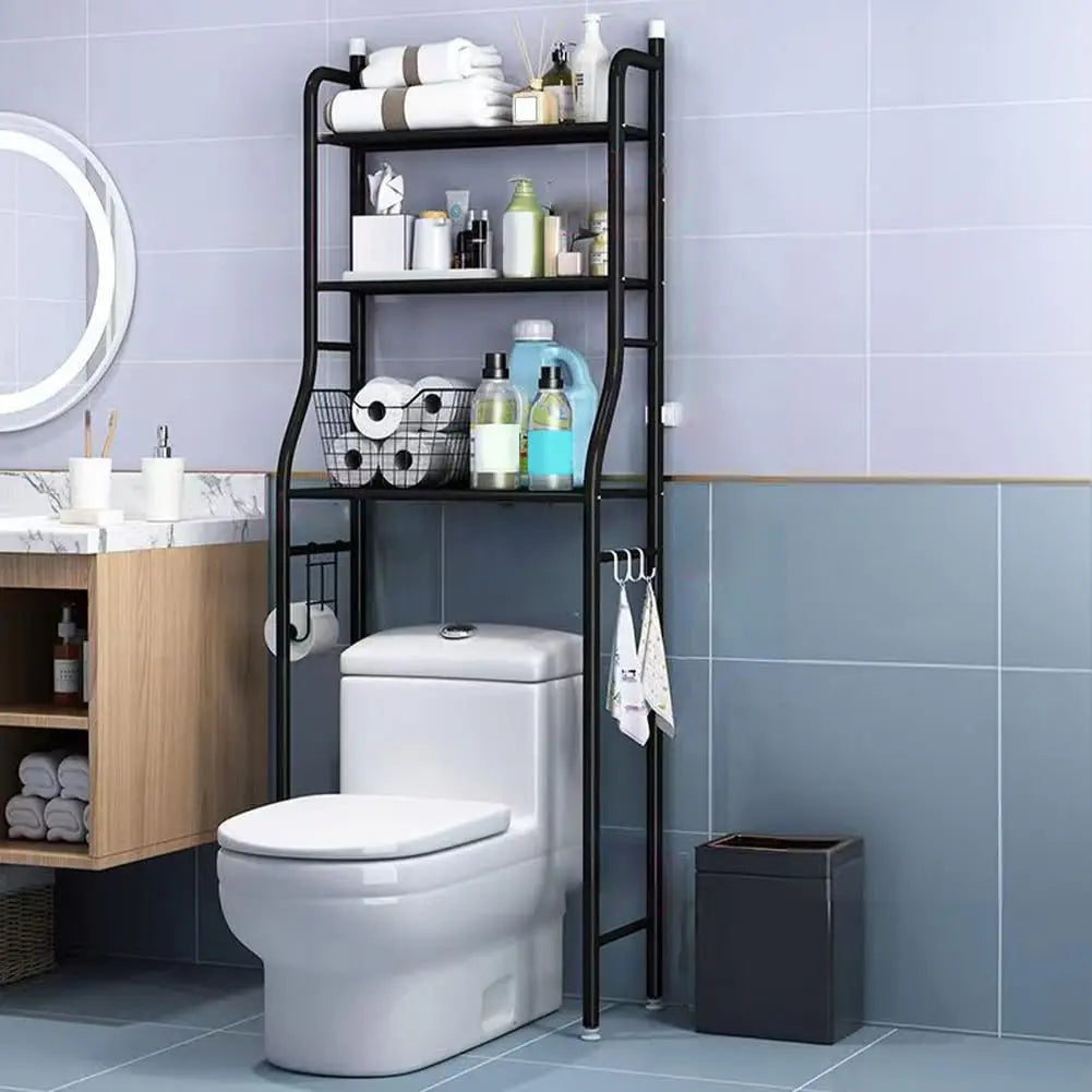 Space-Saving Over Toilet Storage Rack - 3-Tier Metal Bathroom Organizer Shelf with Removable Towel Hooks & Toilet Paper Holder, Durable Freestanding Shelf for Bathroom, Laundry Room, Dorm
