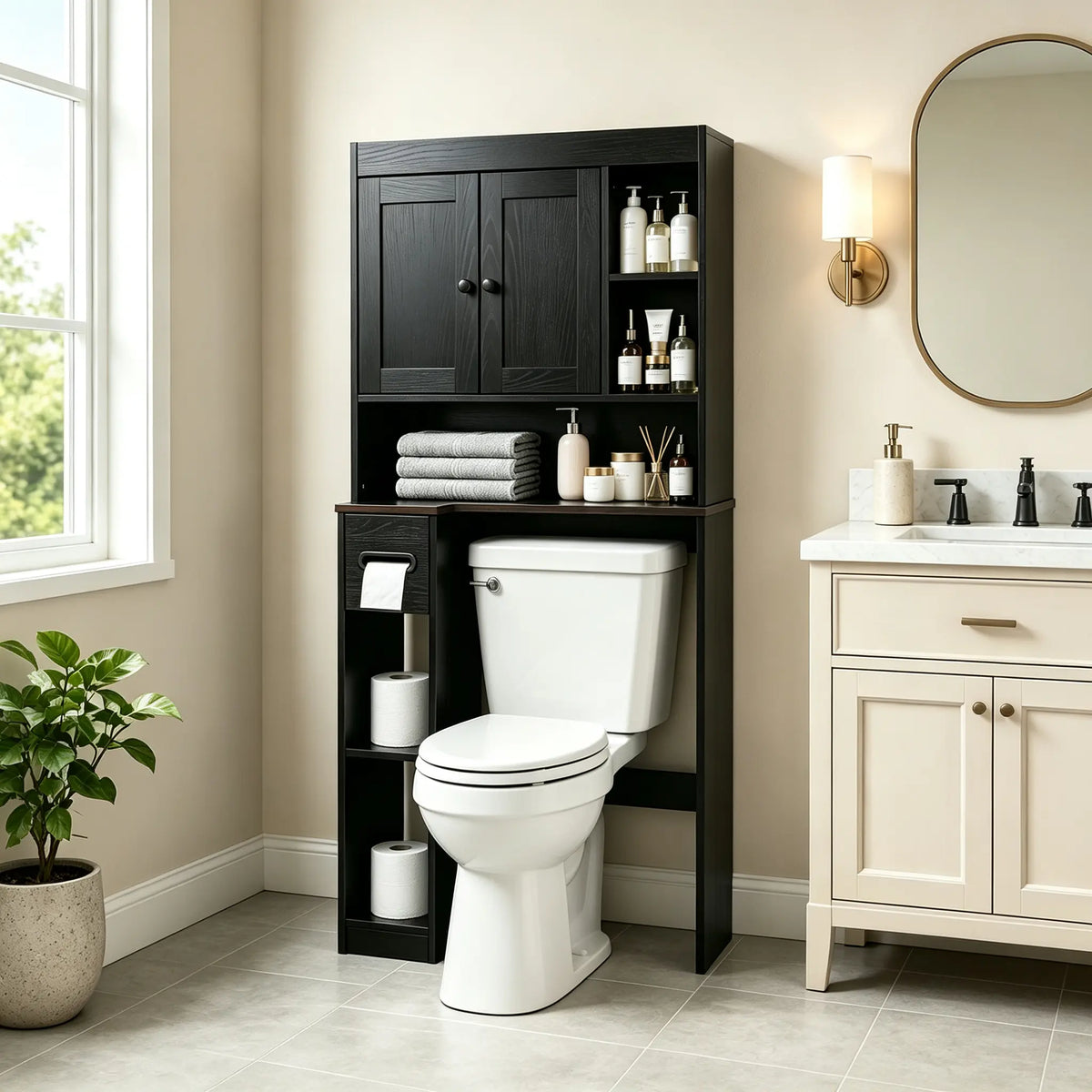 Over-the-Toilet Storage Cabinet, Freestanding Bathroom Organizer with Double Doors, Open Shelves, Adjustable Shelf & Toilet Paper Holder, White