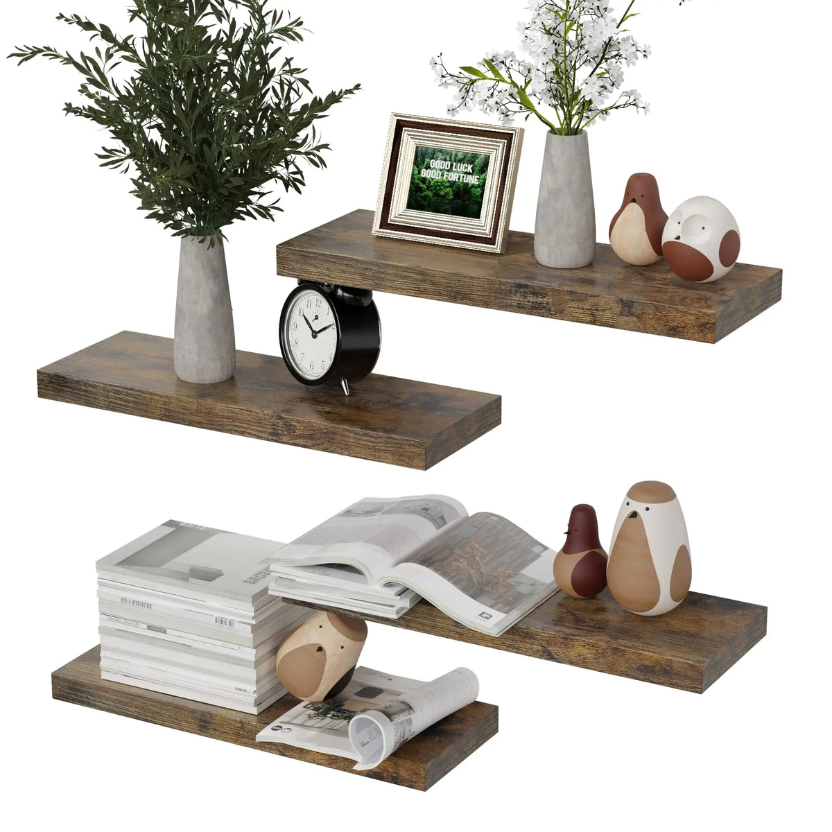 Walnut Rectangular Floating Shelves, 4-Piece Rustic Wood Wall Shelves (15.75"L×5.7"W×1.2"H) with Simple Install, 20lbs Capacity for Plant, Aesthetic Home Decor, Bathroom, Bedroom Storage/Books, Shelf