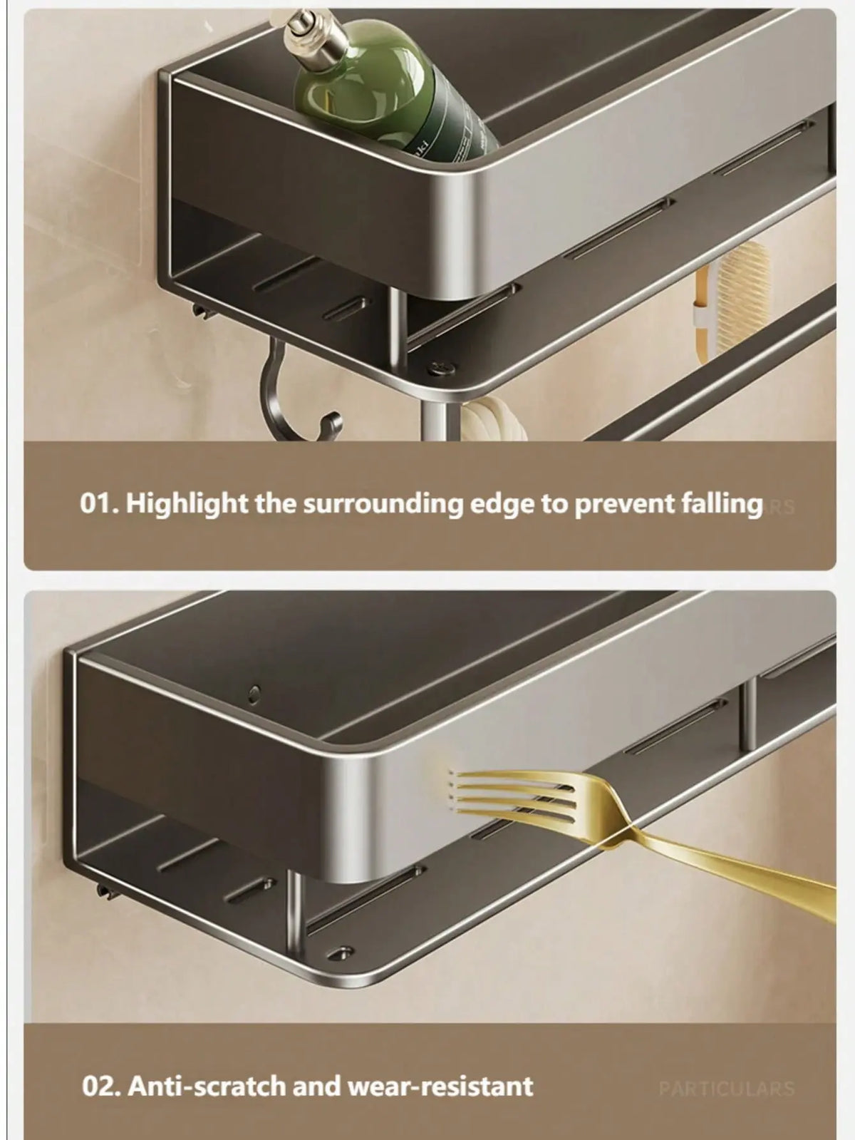 No-Drill Wall Mounted Bathroom Shelf Organizer with Towel Rod, Hooks for Shower, Toiletries Storage
