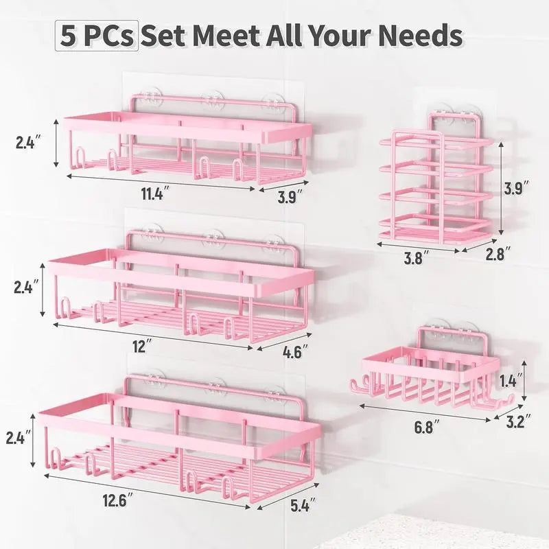 Pink Iron No-Drill Wall-Mount Bathroom Organizer Storage Set, 2026 New Year Gift Home Essential, Triangular Shelf with Toiletries Holders & Suction Cup Shower Organizer
