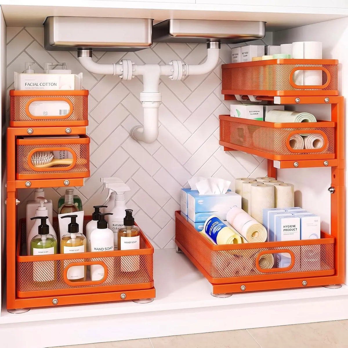Under Sink Organizer, 3 Tier Pull Out Cabinet Organizer with 5 Adjustable Heights, Metal Under Sink Storage with Sliding Drawers for Kitchen, Bathroom, Pantry and Laundry Room, 2-Pack White
