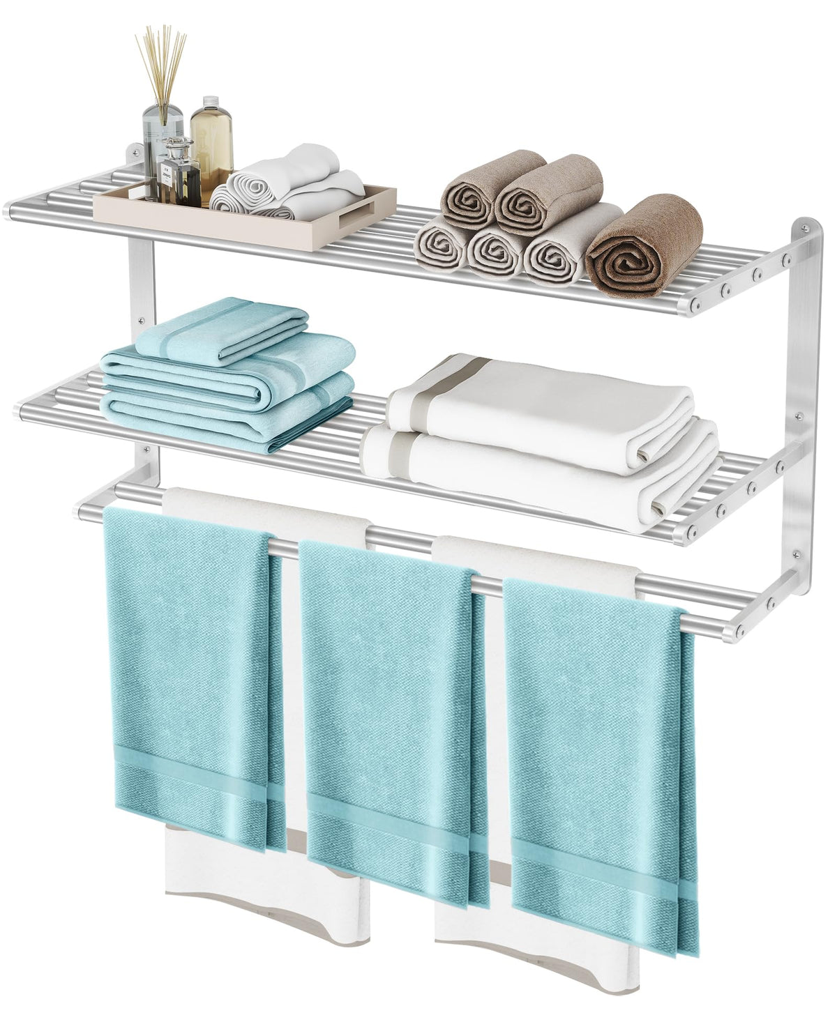 3 Tier Towel Racks for Bathroom Wall Mounted, 24 inch Bathroom Shelf with Towel Bar, Brushed Nickel Shelves for Towels, Stainless Steel Modern Silver Multi Holder