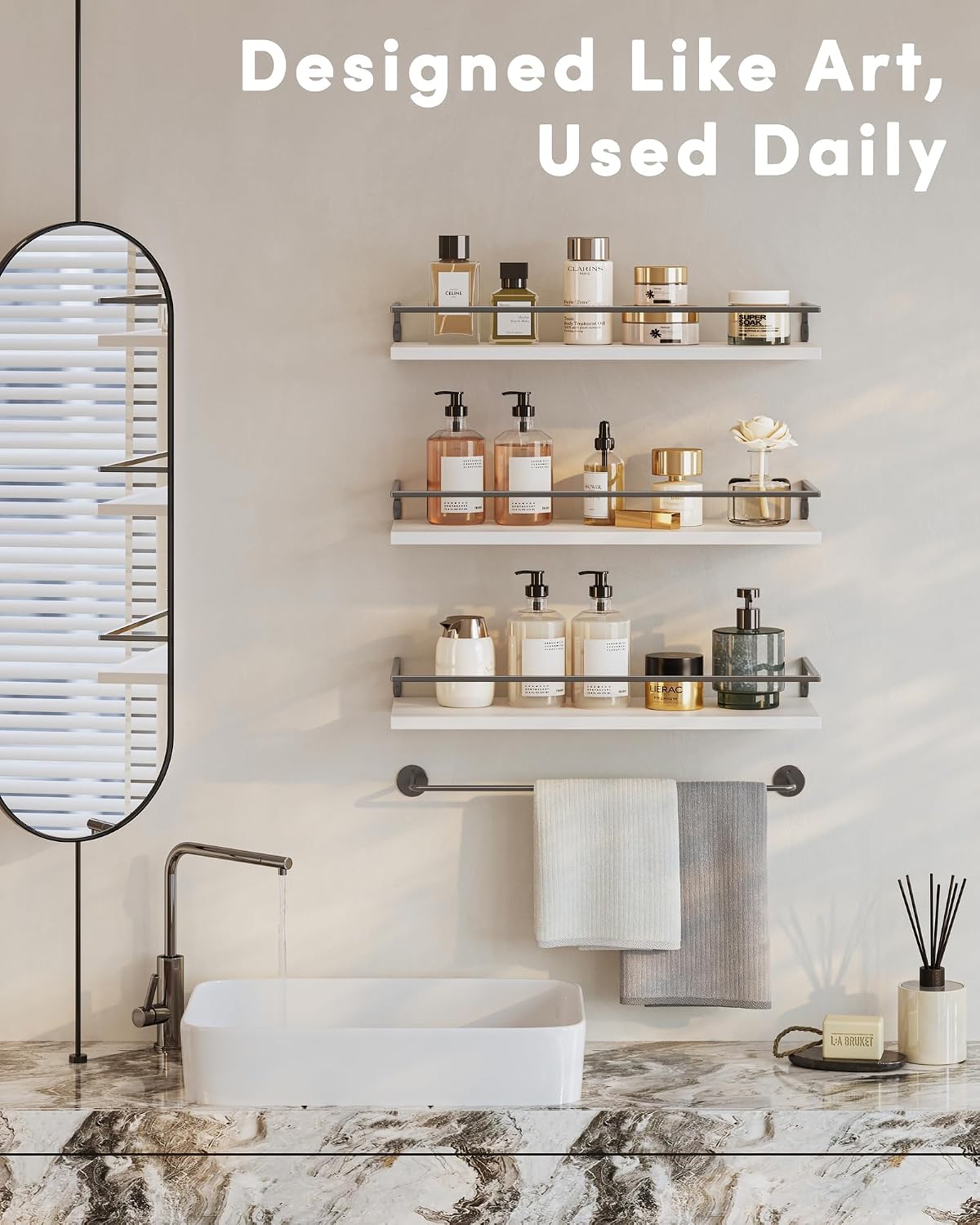 Onlysky Bathoom Shelves, Floaiting Shelves for Bathroom, Set of 3, Bathroom Shelf Wall Mounted (White Grey, 15.7 Inches, 3)