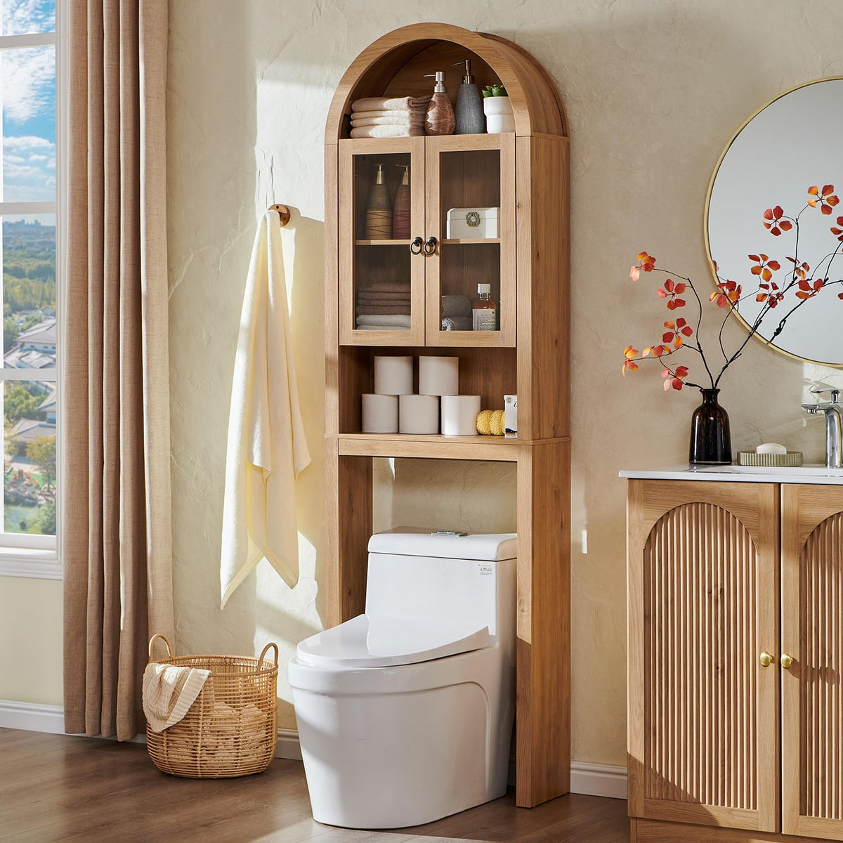 IFGET Arched Over The Toilet Storage Cabinet with Acrylic Doors,Dark Walnut