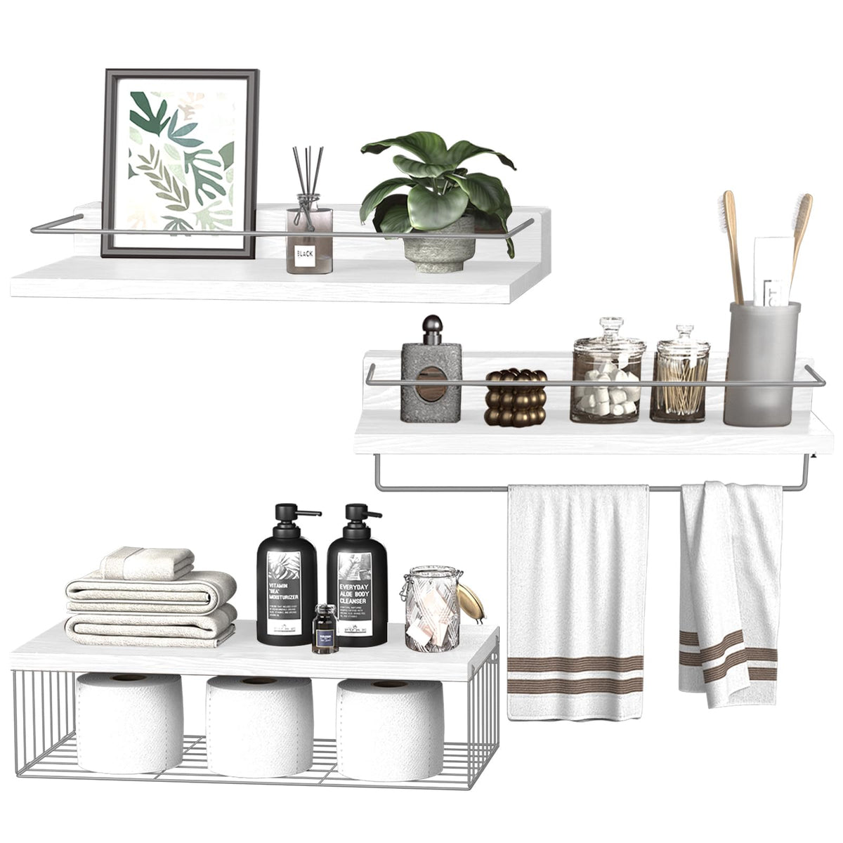 PopiShelves Bathroom Shelves Over Toilet for Wall, Floating Shelves with Storage Basket Paper Holer for Kitchen Living Room, Bedroom & Classroom, Set of 3 (Dark Brown)