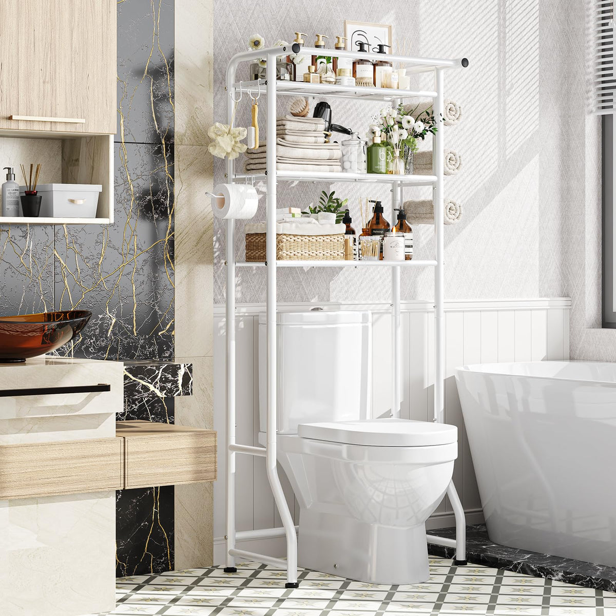 Simple Trending Over The Toilet Storage Rack, Metal 3 Tier Bathroom Organizer Shelf with Paper Holder and 3 Hooks, Freestanding Shelf Space Saver Above Toilet, White