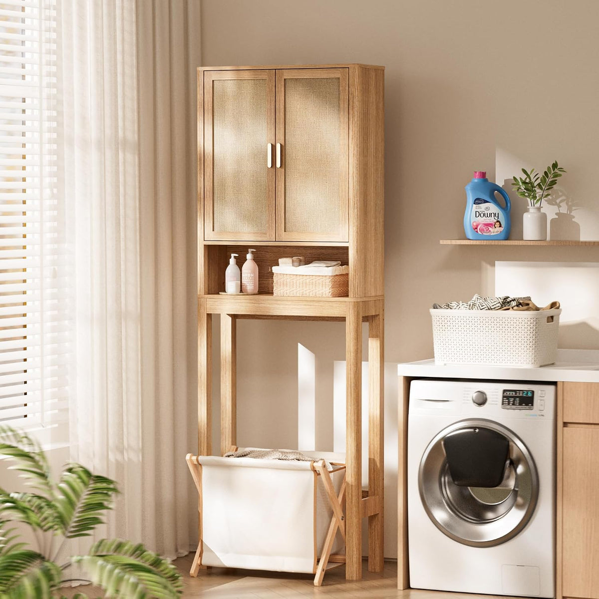 Over the Toilet Storage Cabinet, Bathroom Storage Cabinet with Rattan Doors, Bathroom Cabinet Over Toilet with Adjustable Shelf, Tall Freestanding Over Toilet Bathroom Organizer, Boho Natural Style