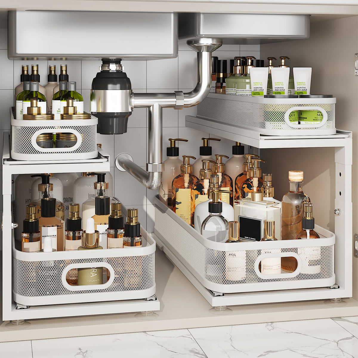 2 Pack Under Sink Organizer With Next-Gen Ball-Bearing Slides,2-Tier Precision Mesh Pull Out Cabinet Drawers Storage for Bathroom&Kitchen,Height Adjustable Shelf,Rust-resistant-Patent Pending