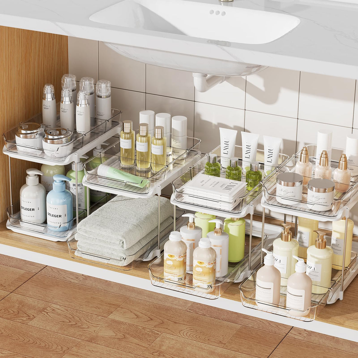 Delamu 2 Sets of 3-Tier Bathroom Under Sink Organizers and Storage, Multi-Purpose Stackable Pantry Organization and Storage, Pull Out Clear Kitchen Bathroom Cabinet Organizer with Movable Dividers