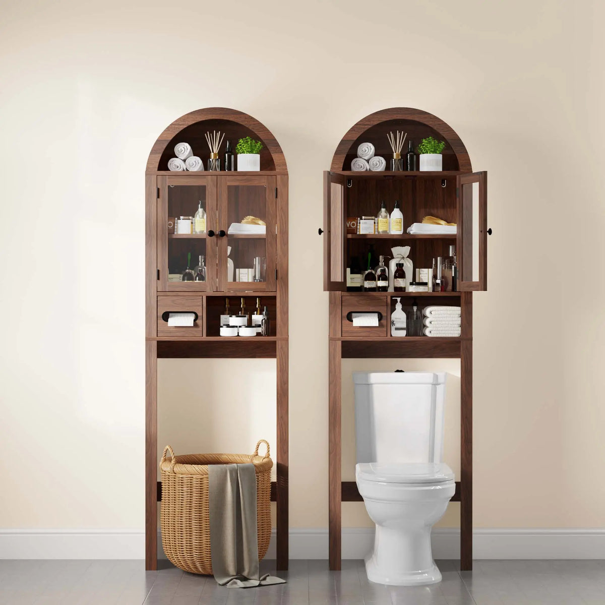 Arched Over The Toilet Storage Cabinet with Tempered Glass Doors, Freestanding Bathroom Organizer with Adjustable Shelves, Built-In Toilet Paper Holder, Walnut Finish