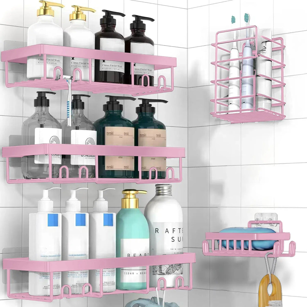 Jabukosu Matte Gold Stainless Steel Bathroom Accessory Sets - 5 & 1 Wall-Mounted Shelf Holders, No-Drill Waterproof Adhesive Organizer Storage for Shampoo, Soap