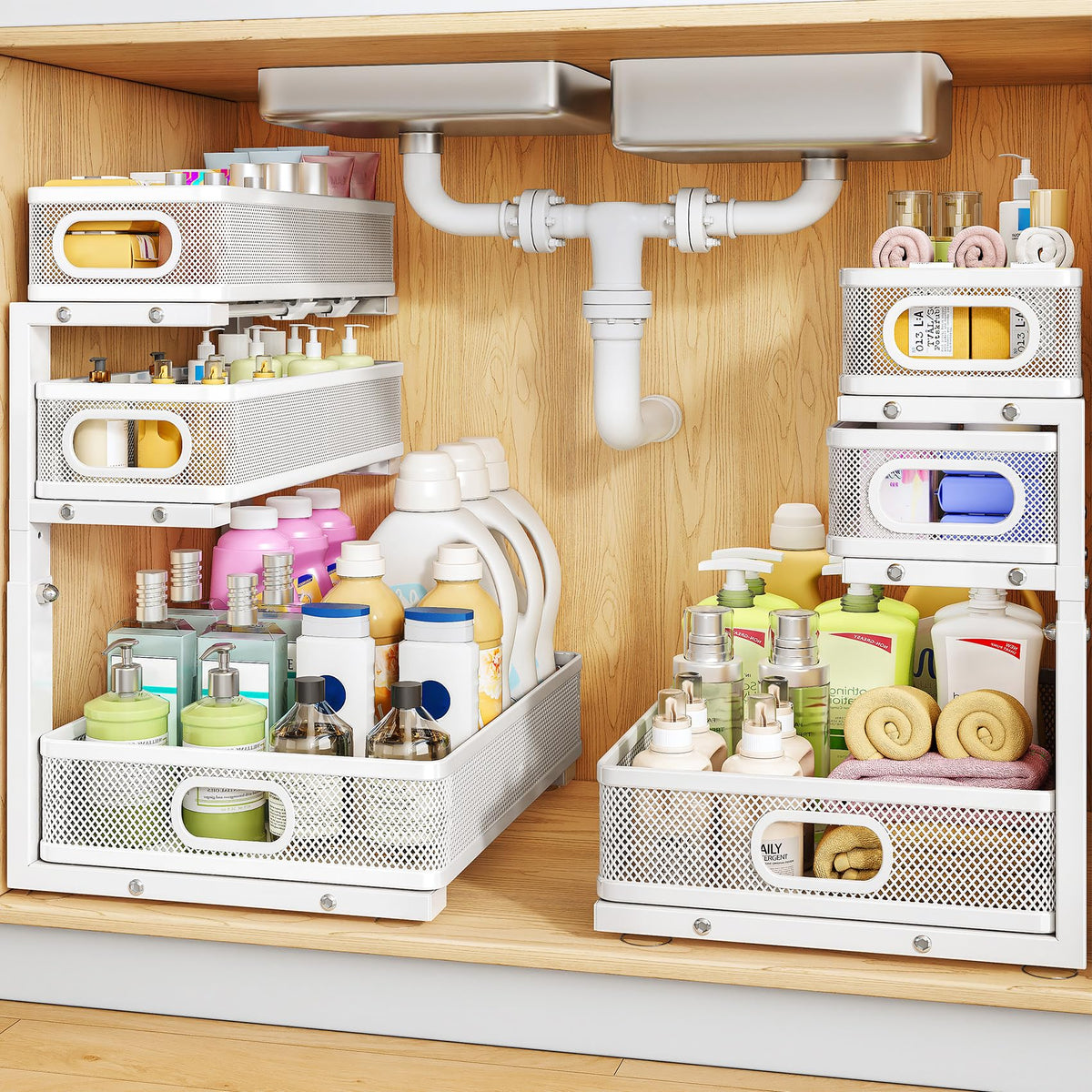 Under Sink Organizer, 3-Tier Thickened Metal Pull out Cabinet Organizer Shelf, Height Adjustable Slide out Storage Drawer Rack for Kitchen Bathroom Pantry Laundry Home Organization, 2-Pack, Black
