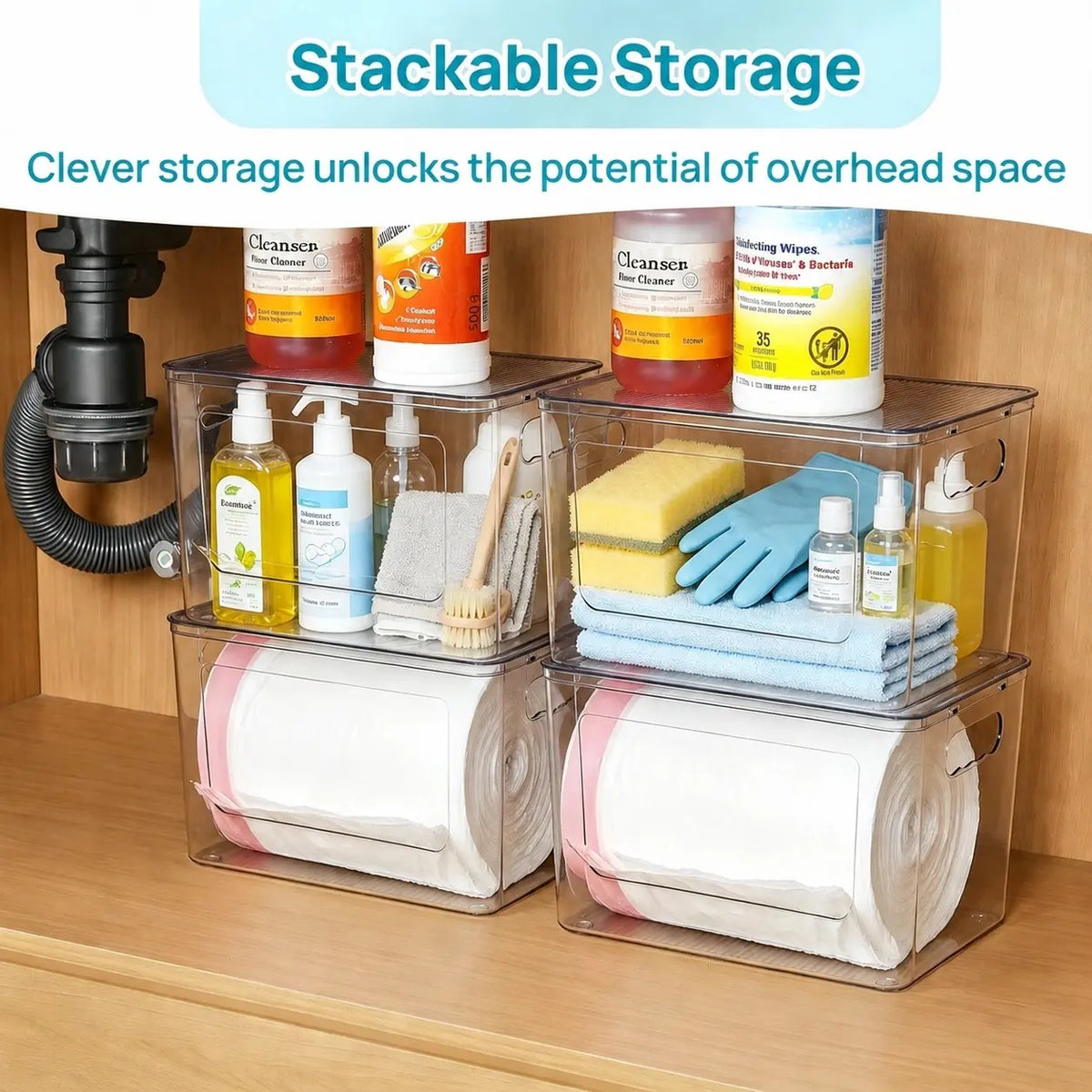 【Under Sink Reset】Vtopmart 2/4 Pack Trash Bag Holder, Stackable Garbage Bag Dispenser for 13/30/33 Gallon Bags, Clear Organizer Bins for Under Kitchen Sink, Laundry Room Organization and Storage, DealsForYouDays, summerwins