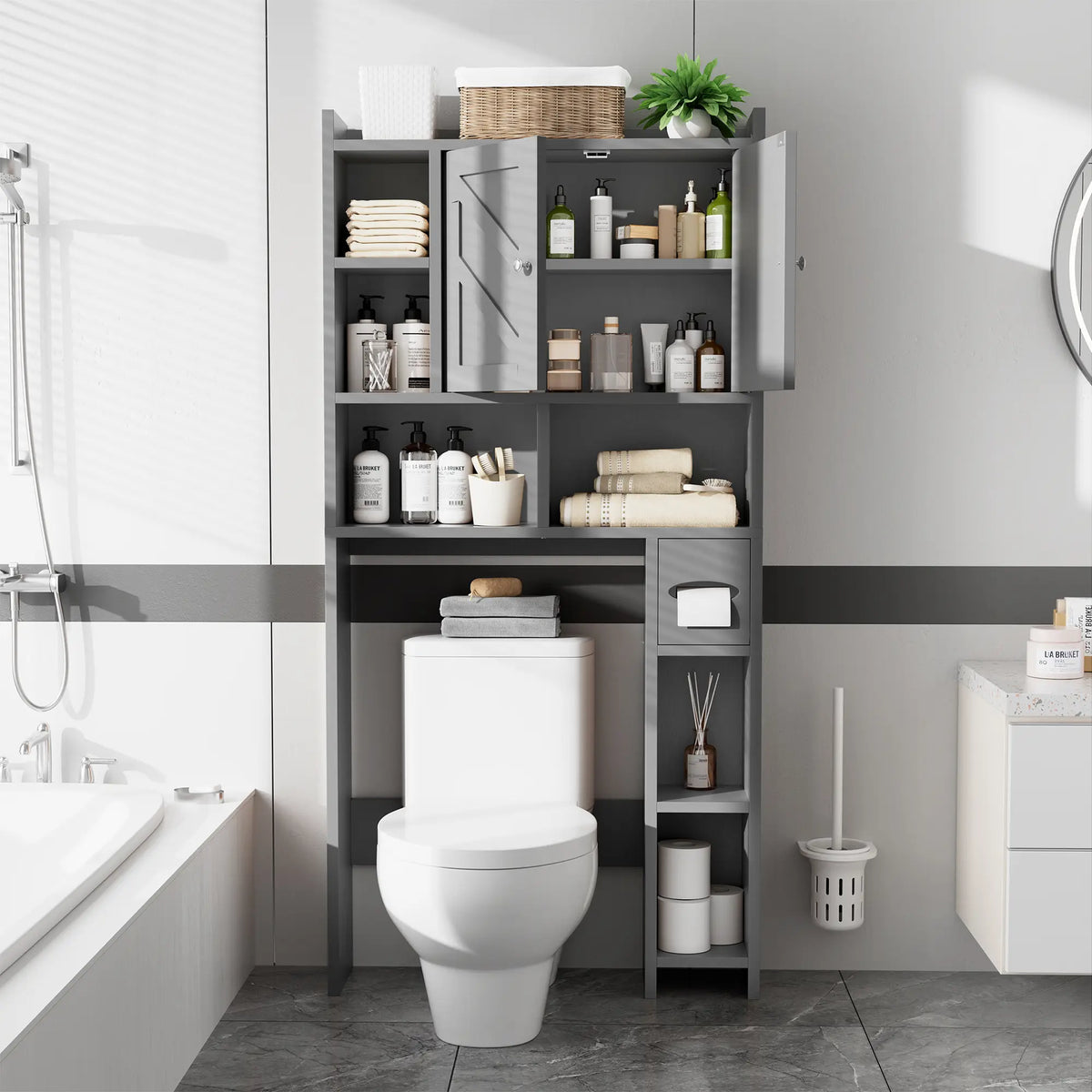 Walsunny Over The Toilet Storage Cabinet, Farmhouse Storage Cabinet with 2 Barn Door & Toilet Paper Holder Stand, Toilet Rack for Bathroom, Laundry Furniture Organizer, White