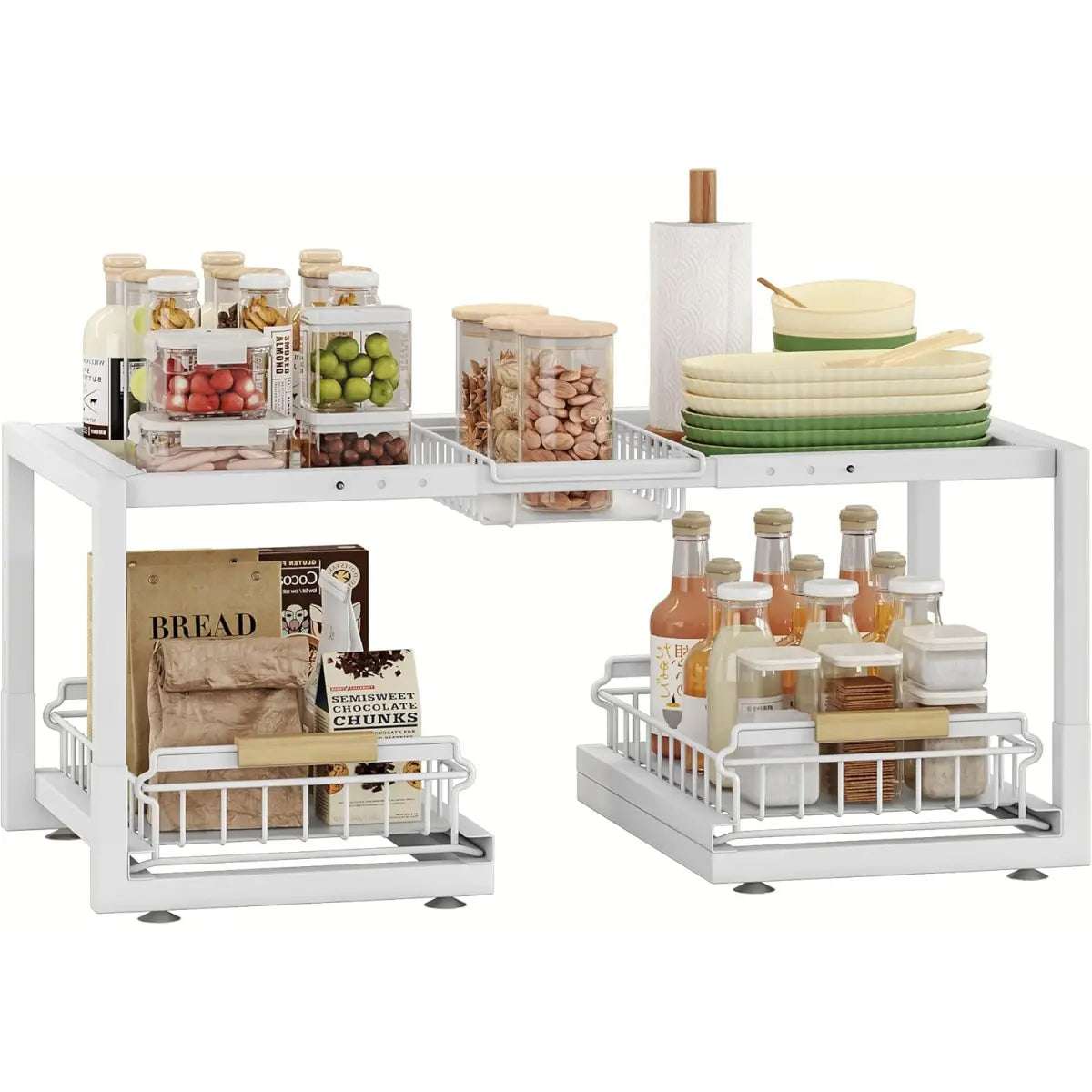 2-Tier Expandable Under Sink Pull-Out Organizer with Sliding Drawers, Kitchen-Bathroom-Laundry Room Storage Rack, Includes Iron Rack, Foot Pads for Tall Bottles
