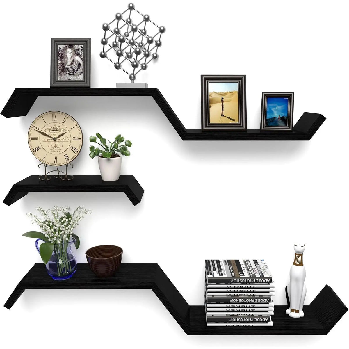 Black Solid Wood Floating Wall Shelf - Waterproof, Small Relief Textured, Wall-Mount Indoor Furniture Shelves for Bathroom, Living Room, Decorative Use
