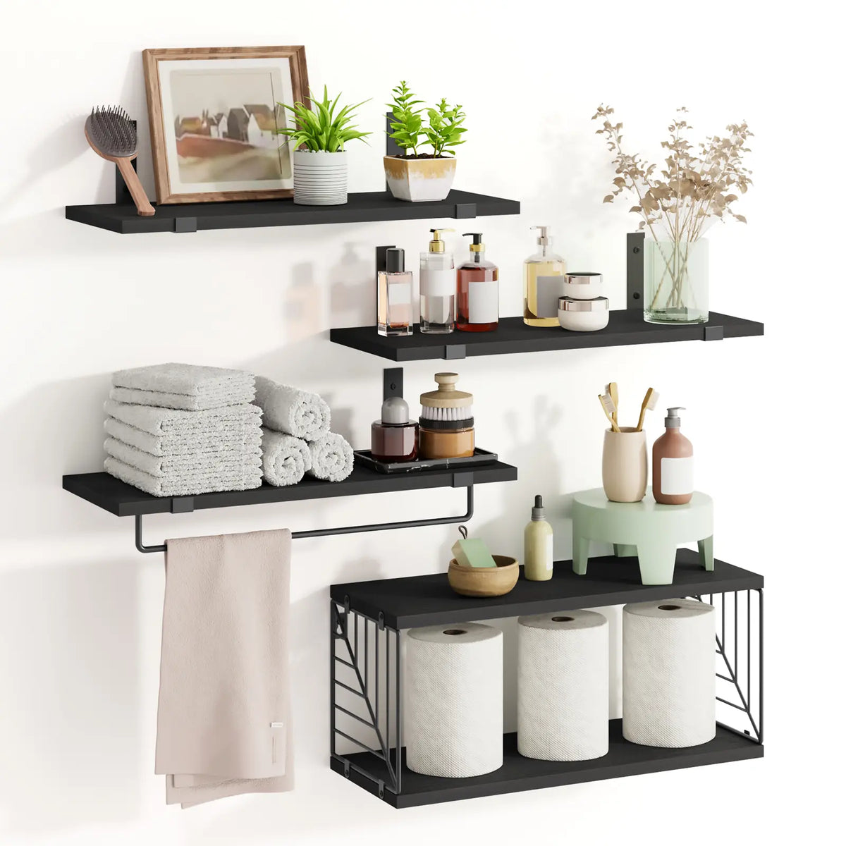 Fixwal Floating Shelves Wall Mounted Set - Bathroom & Bedroom Decor, with Black Metal Brackets, Toilet Paper Holder, Towel Bar & Hooks, sohochic style