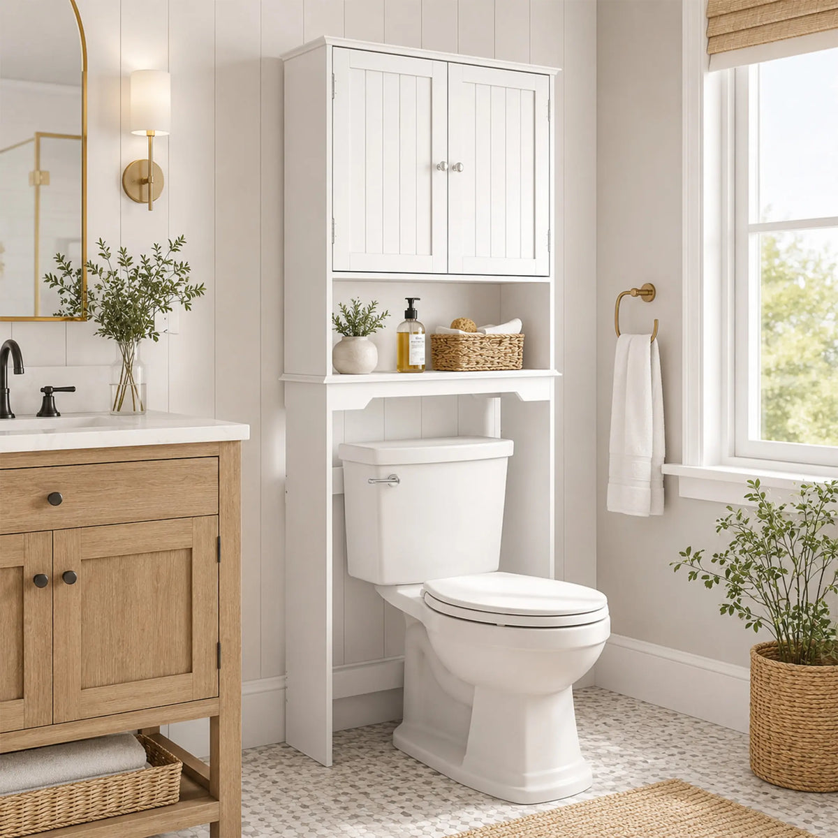 Over the Toilet Storage Cabinet, Bathroom Storage Cabinet Over Toilet with Double Doors and Adjustable Shelf, Freestanding Toilet Rack for Bathroom