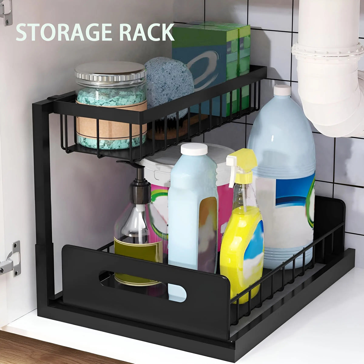 2-Tier Metal Frame Pull-Out Under Sink Organizer with Slide-Out Drawer Shelves, Pullout to Reach Storage for Bathroom Organizing Accessories, Kitchen Cabinet Solution