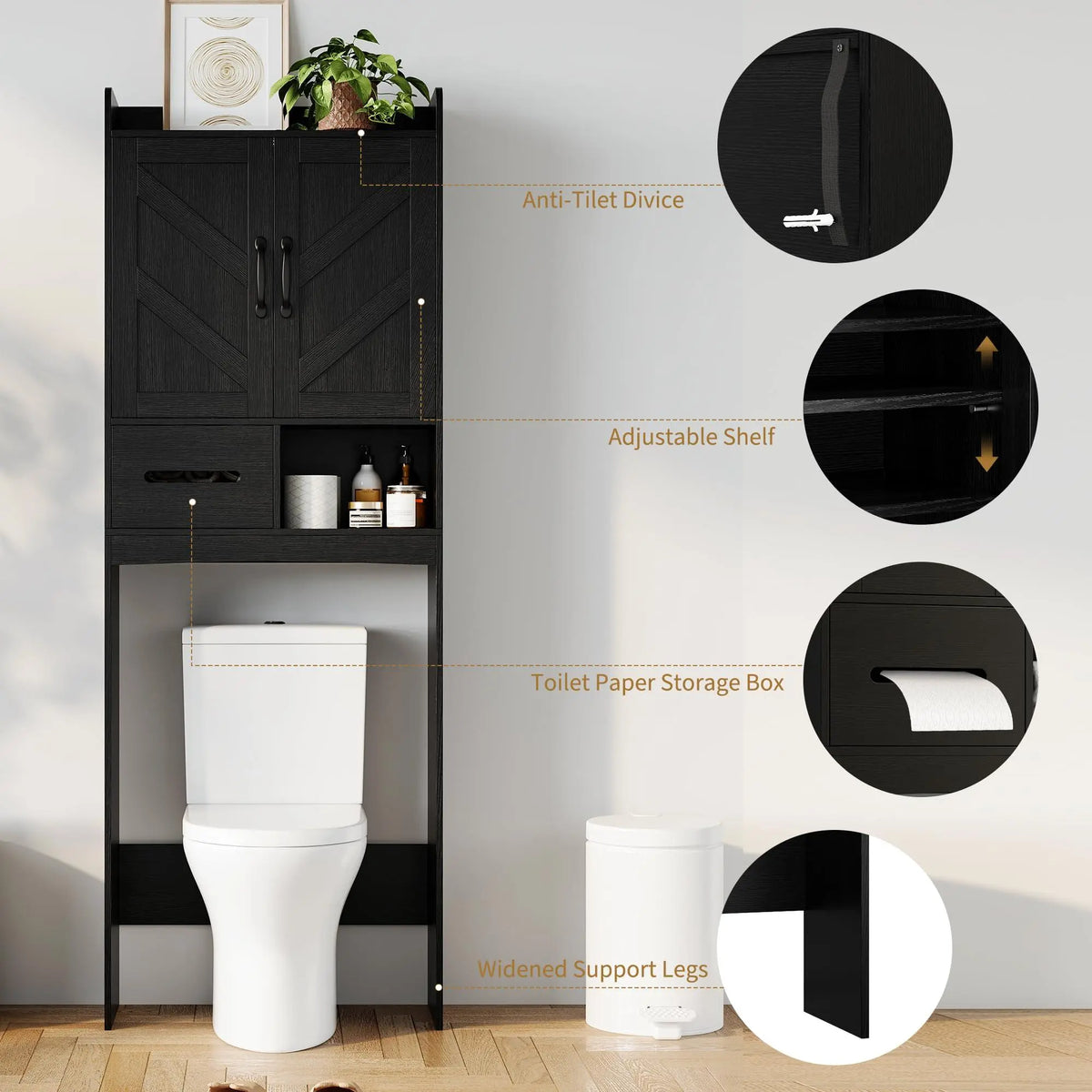 GARVEE Over the Toilet Storage Cabinet - Bathroom Indoor Furniture Organizer with Anti-Tip Device, Adjustable Shelf (Black), Over Toilet Storage,sohochic