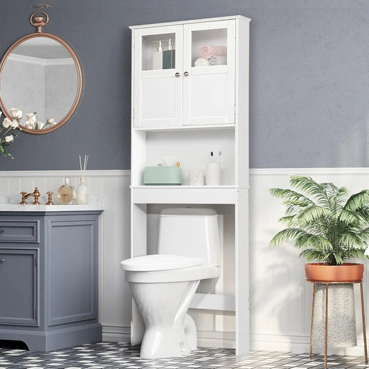 VINGLI Over-The-Toilet Multifunctional Storage Cabinet - 67" H Modern Rectangular Acrylic Space Saver, White Waterproof Indoor Cupboard with Adjustable Shelf, Double Regular Doors, Floor-Mount Apartment Furniture, Assembly Required