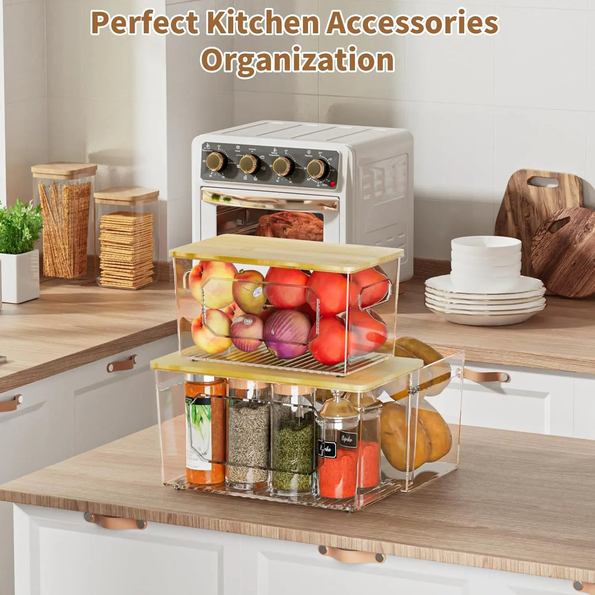 3-in-1 Acrylic Under Sink Trash Can Organizer with Bamboo Lid, Non-Foldable Nesting Stackable Pull-Out Basket for Kitchen Cleaning Supplies, Space-Saving Home Storage Bin with Lid
