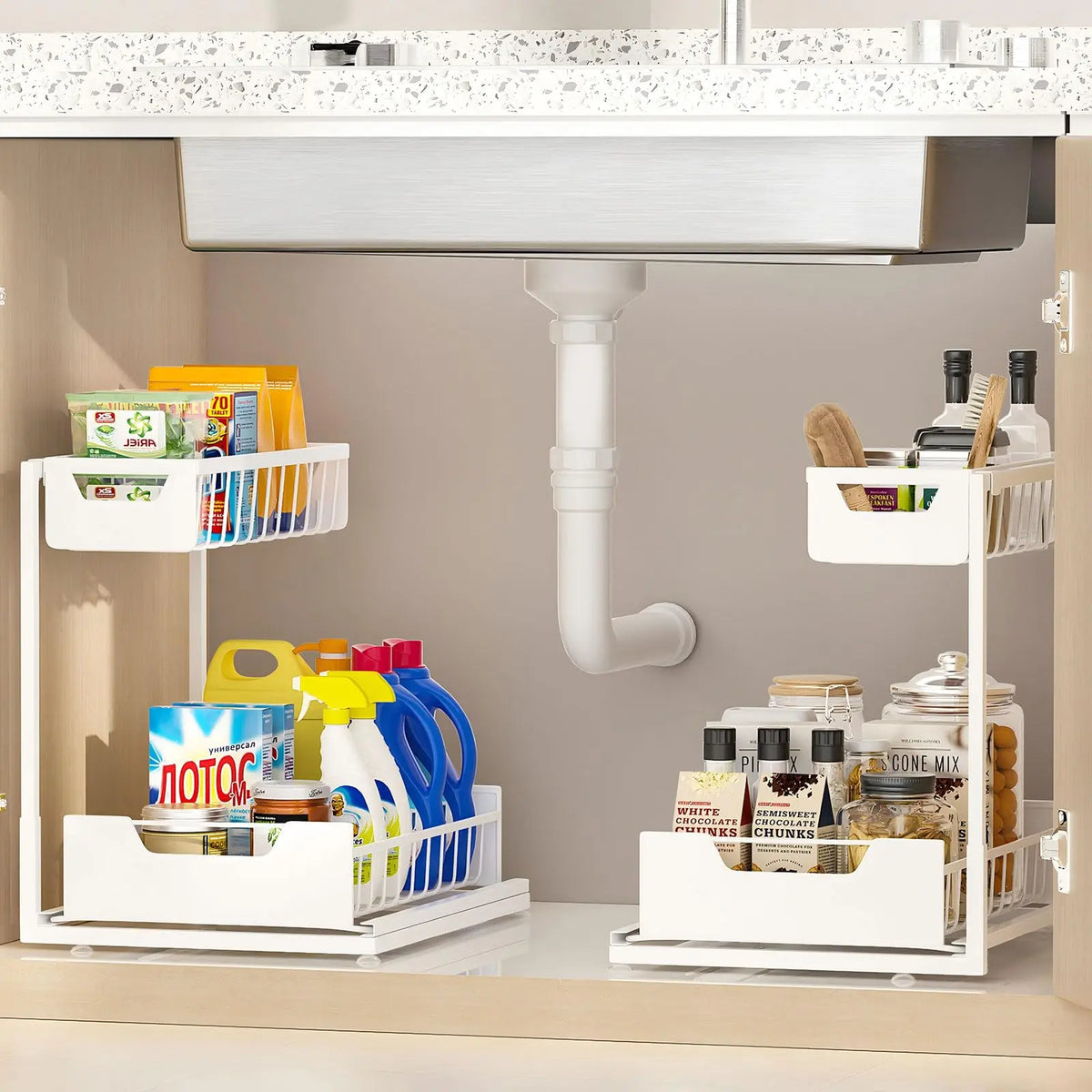 2-Tier L-Shape Steel Pull Out Under Sink Organizer - Anti-Rust, Stable, Tool-Free Slide Out Drawer, 14.2*10.6*11 in, 50 lbs Capacity - For Kitchen Cabinets, Spice Storage, Laundry Room, Bathroom Storage - Ideal Gift for Mothers