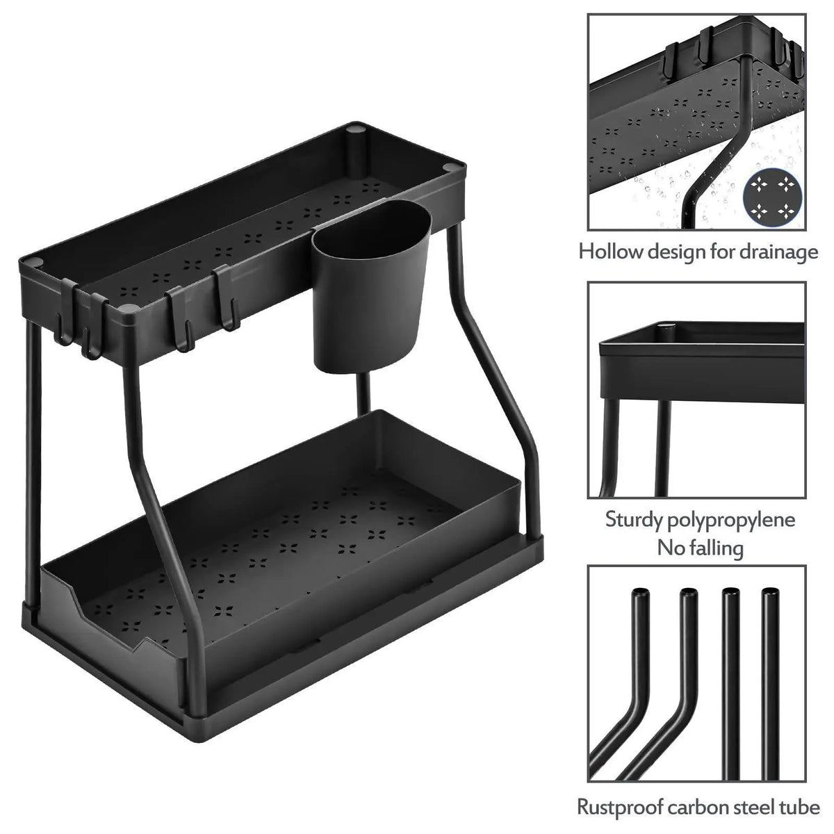 2-Tier Under-Sink Pull-Out Storage Organizer, Sliding Cabinet Shelf with Hanging Cup Holder, Space-Saving Rack for Kitchen, Bathroom