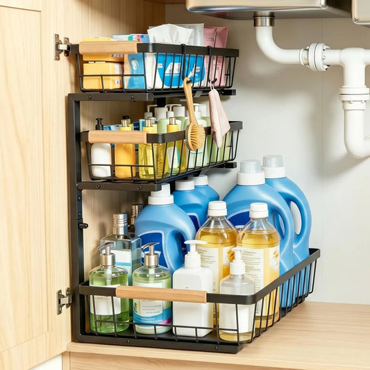 3 Tier Grid Pull Out Under Sink Organizer Black 1 Pack | Heavy duty grid pull out organizer with reinforced structure for storing cleaning supplies under sink and cabinet spaces