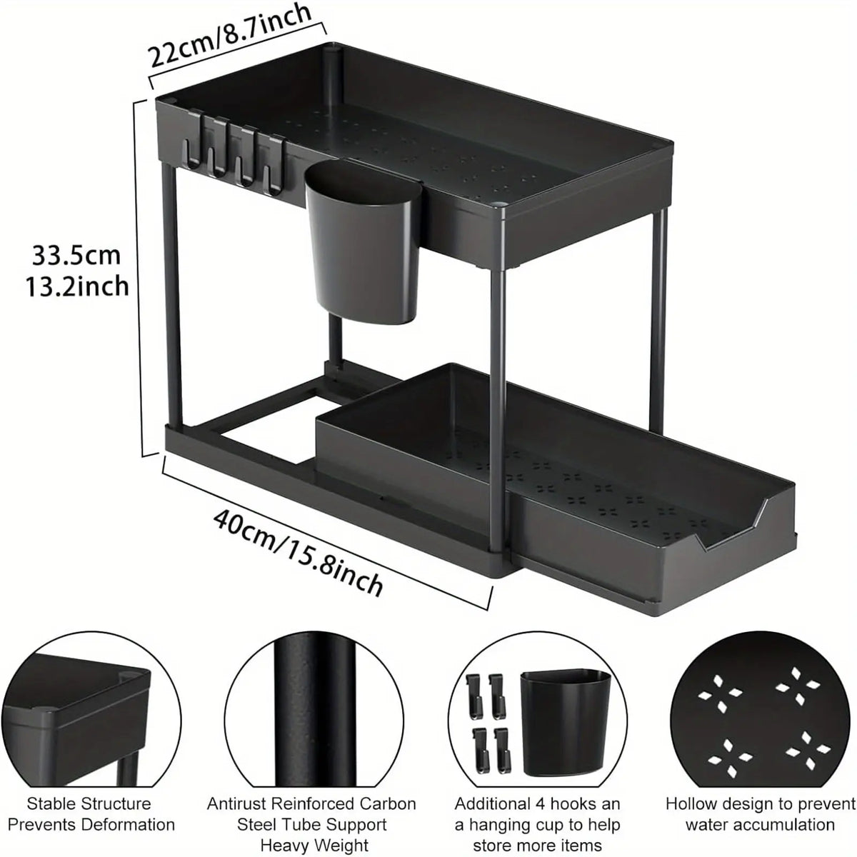 Waterproof Metal Under Sink Organizer, 12.8 in Pull-Out Slide-Out Drawer Shelf, Space-Saving Storage for Kitchen, Bathroom