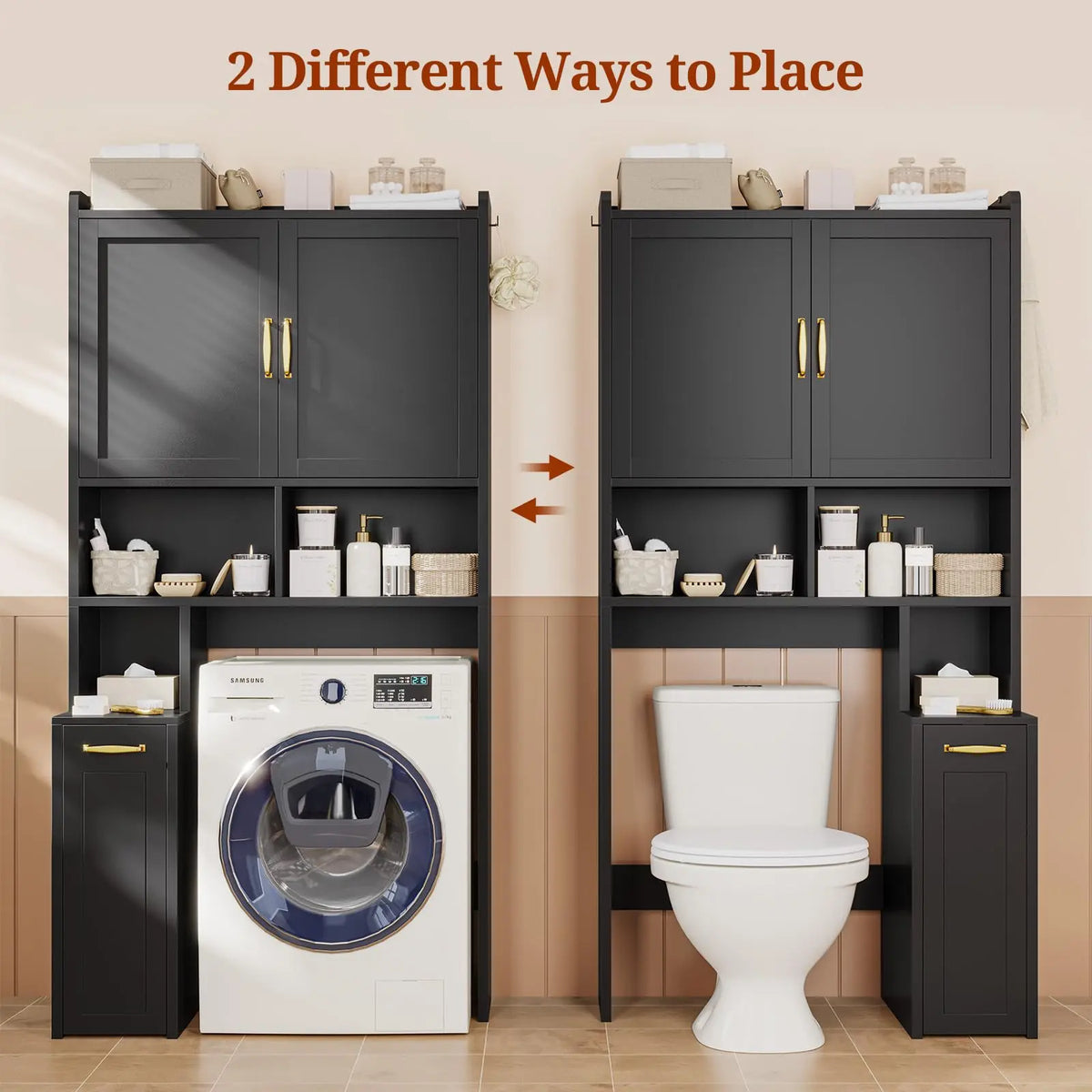 Over The Toilet Storage Cabinet with Pulley Bathroom Storage Cabinet, Space Saver W/Adjustable Shelf & Open Shelf for Bathroom, Restroom, Laundry (Black)
