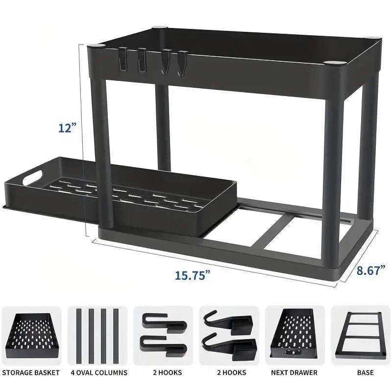 2Pack 2-Tier Under Sink Organizers with Sliding Drawers ,Multi-use Kitchen & Bathroom Storage, Black Cabinet Organizer, Space-saving Sliding Drawer Design
