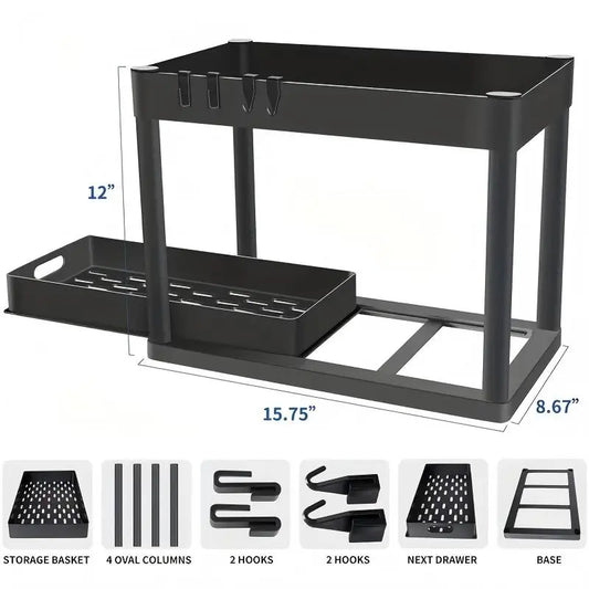 2Pack 2-Tier Under Sink Organizers with Sliding Drawers ,Multi-use Kitchen & Bathroom Storage, Black Cabinet Organizer, Space-saving Sliding Drawer Design