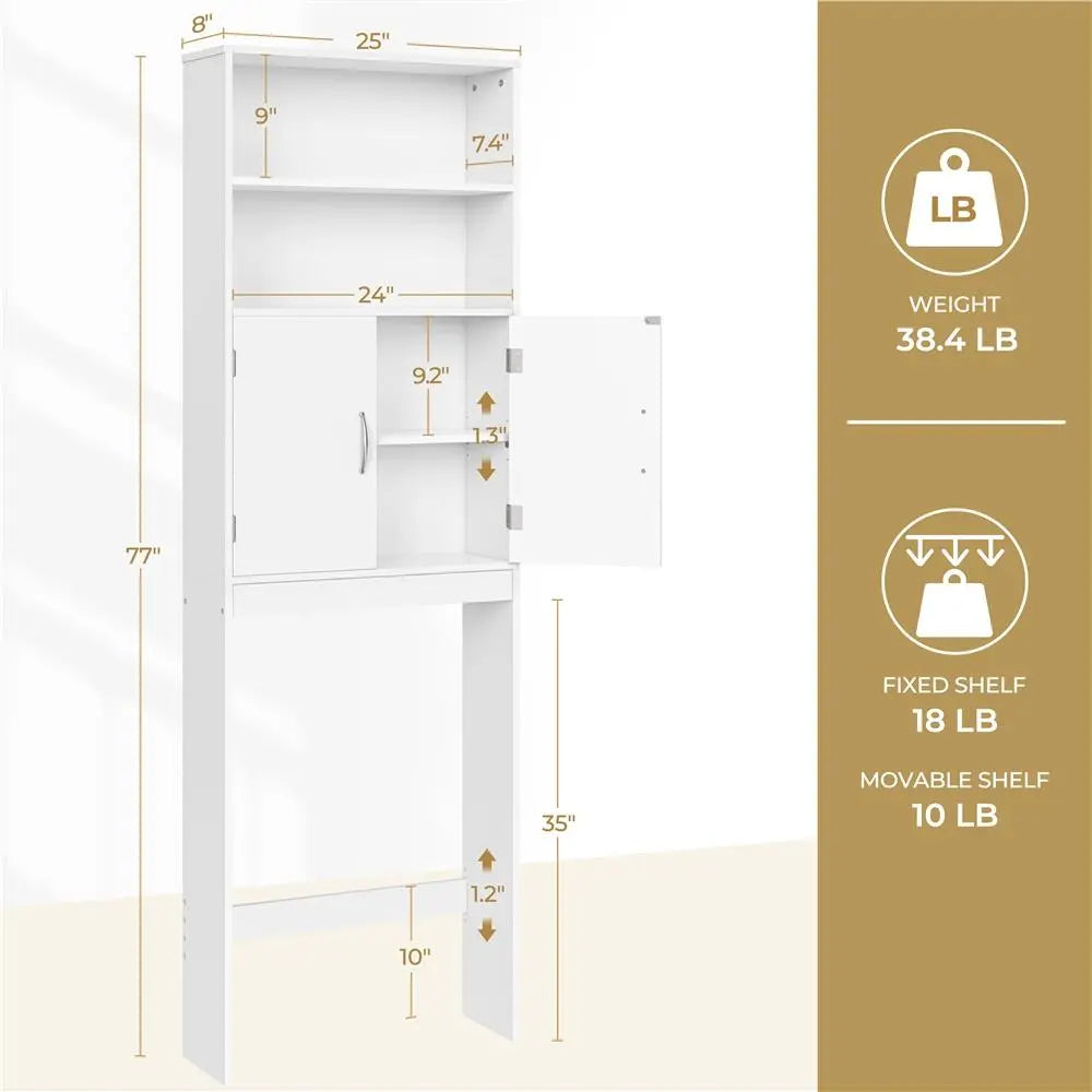 Costoffs 77" Tall Freestanding Over-the-Toilet Apartment Storage Cabinet, Efficient Bath Organizer with Adjustable Shelf, Double Doors to Hide Clutter from View, 2 Open Shelves - White, Easy Setup