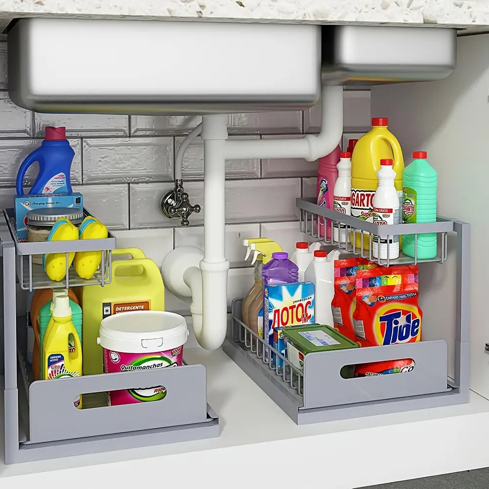 2 Pack Under Sink Organizer, Metal Under Sink Storage Rack with Sliding Drawer, Multi-purpose Holder for Kitchen & Bathroom