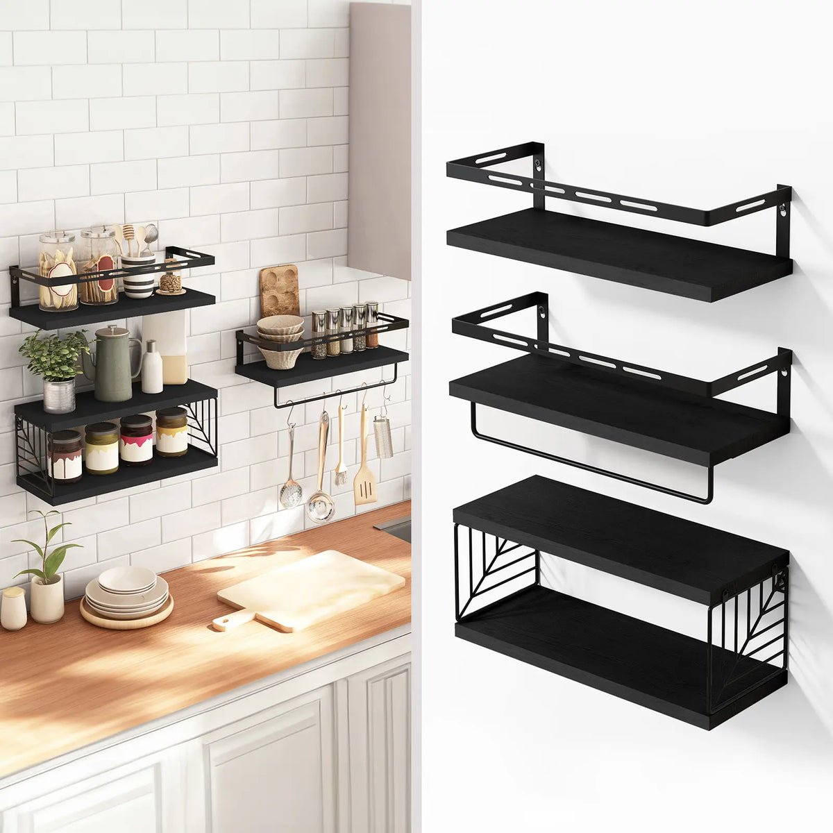 Fixwal Floating Shelves Wall Mounted Set - Bathroom & Bedroom Decor, with Black Metal Brackets, Toilet Paper Holder, Towel Bar & Hooks, sohochic style