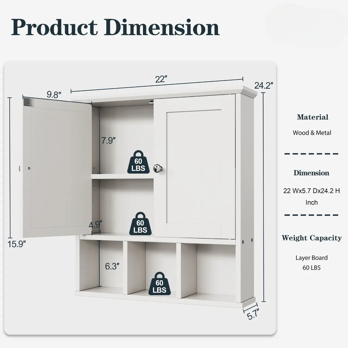 Walsunny Bathroom Wall Cabinet, Over The Toilet Space Saver Storage Cabinet, Medicine Cabinet with 2 Door &Adjustable Shelves, Hanging Cupboard, White
