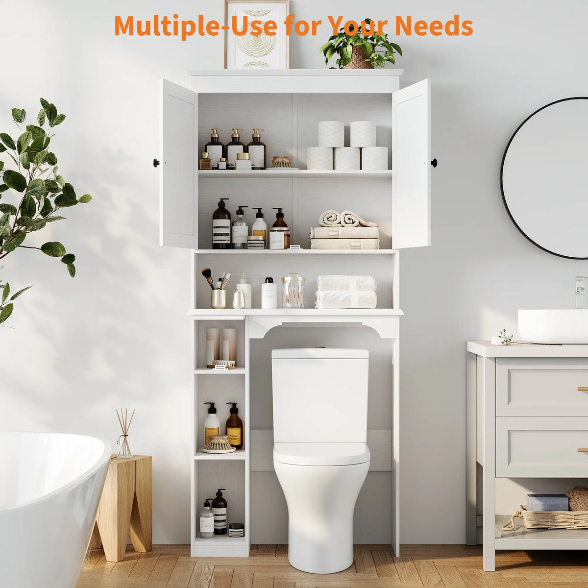 Garvee 66''H Over The Toilet Storage Cabinet, Farmhouse Storage Cabinet with 2 Barn Door & Toilet Paper Holder Stand, Toilet Rack for Bathroom, Laundry Furniture Organizer, White
