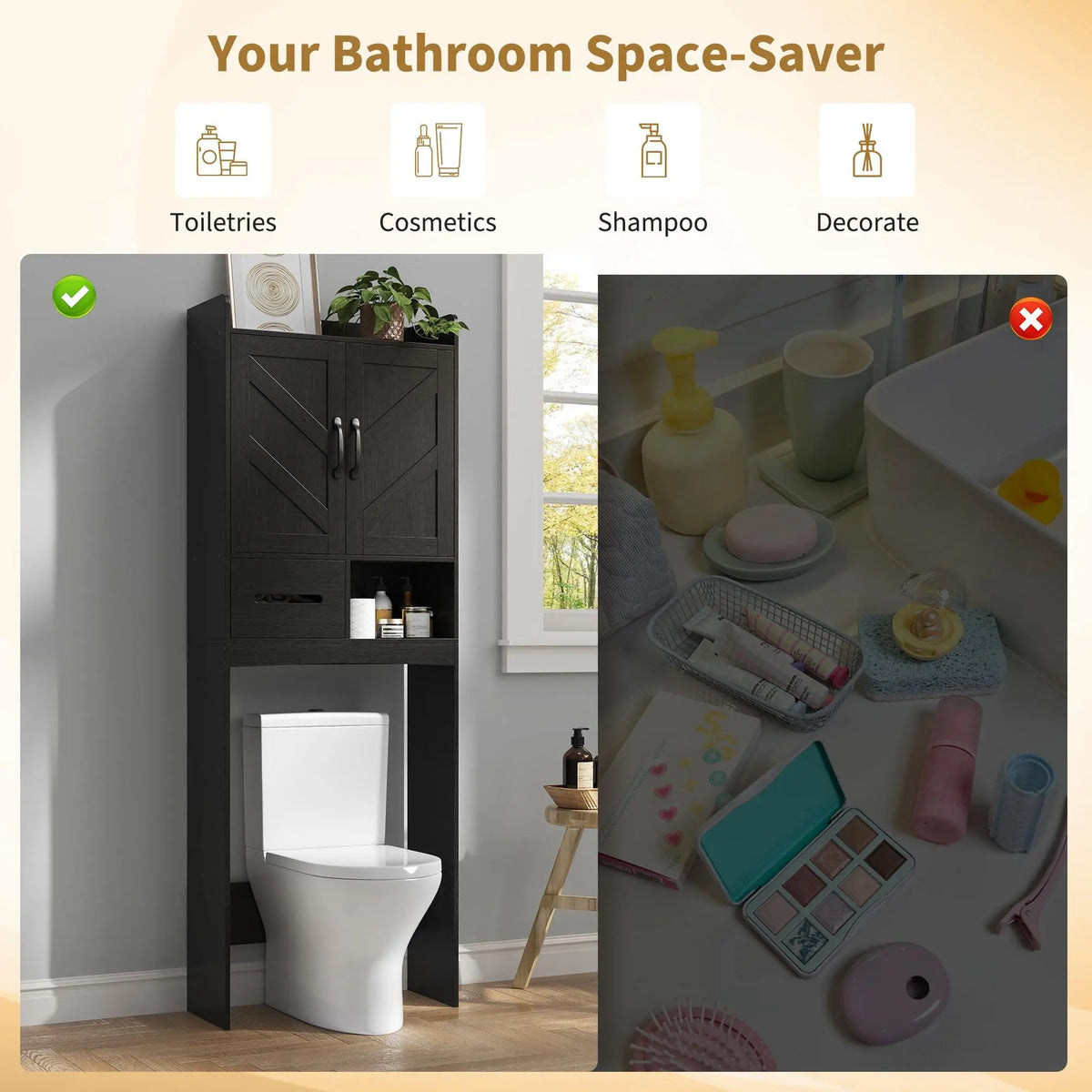 GARVEE Over the Toilet Storage Cabinet - Bathroom Indoor Furniture Organizer with Anti-Tip Device, Adjustable Shelf (Black), Over Toilet Storage,sohochic