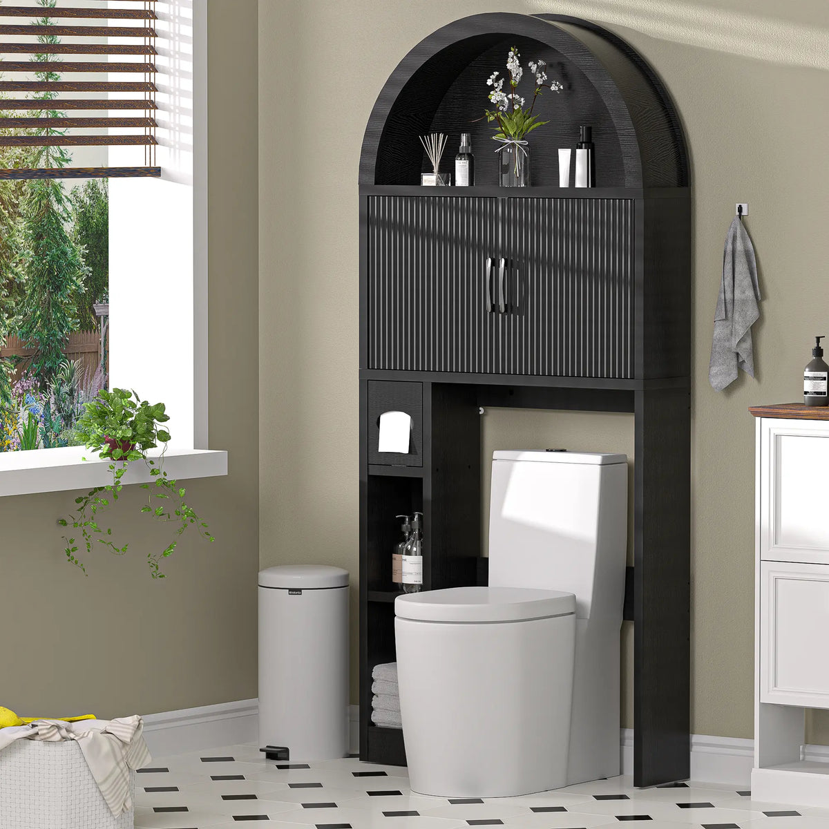 AHB Over-The-Toilet Raised Wall Cabinet - Farmhouse Compact Multifunctional Storage Cabinet with Elegant Arched Design, Adjustable Shelf, Bathroom Storage Organizer,dorm essentials,home decor, #SohoChic