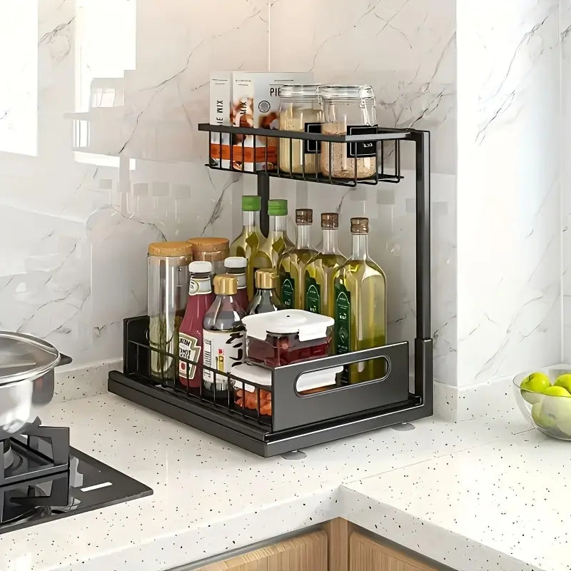 2 Pack Under Sink Organizer, Metal Under Sink Storage Rack with Sliding Drawer, Multi-purpose Holder for Kitchen & Bathroom