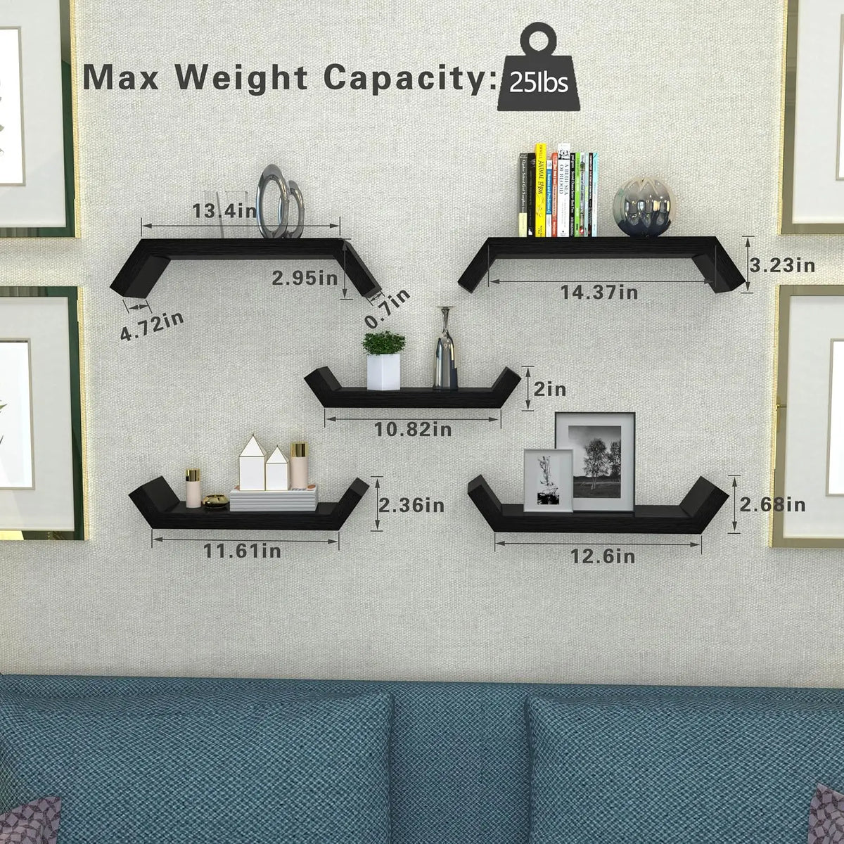 Black Solid Wood Floating Wall Shelf - Waterproof, Small Relief Textured, Wall-Mount Indoor Furniture Shelves for Bathroom, Living Room, Decorative Use