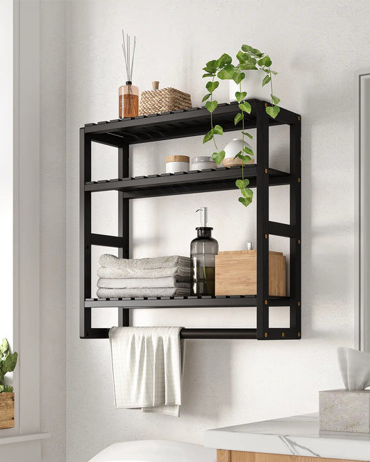 Bamworld Bamboo Over-The-Toilet Storage Shelf - 3-Tier Adjustable Corner Wall-Mount Rack (About the Width of Toilet Tank Fit) with Hanging Rod, Paper Cabinet, Towel Rack, Decorative Black Organizer Storage for Small Rooms, Bathroom Organizing Accessories,