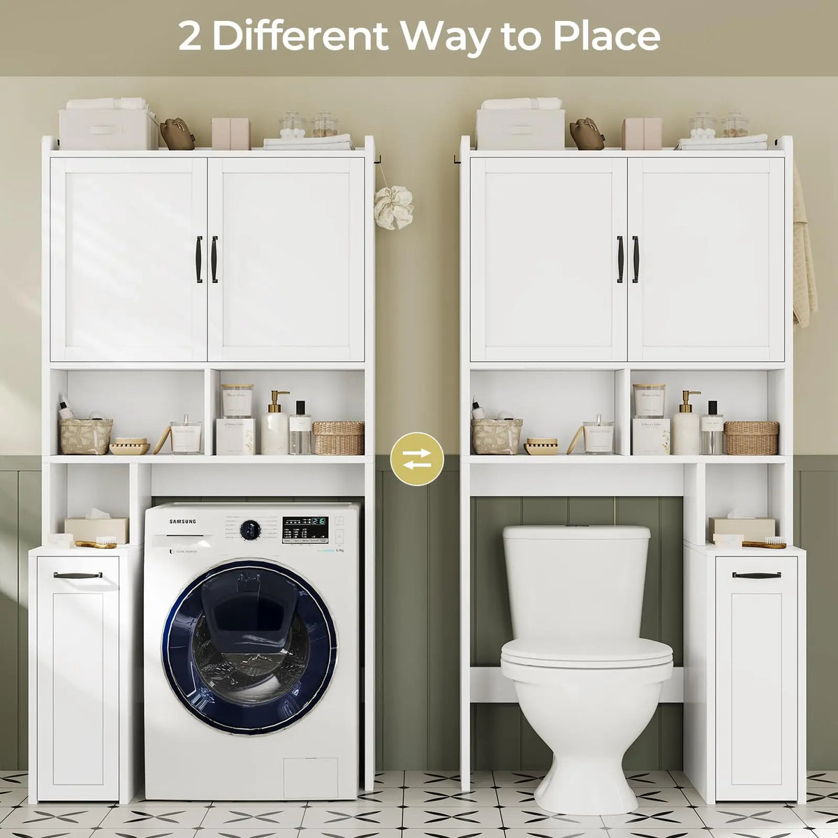 Over The Toilet Storage Cabinet with Pulley Bathroom Storage Cabinet, Space Saver W/Adjustable Shelf & Open Shelf for Bathroom, Restroom, Laundry (White)