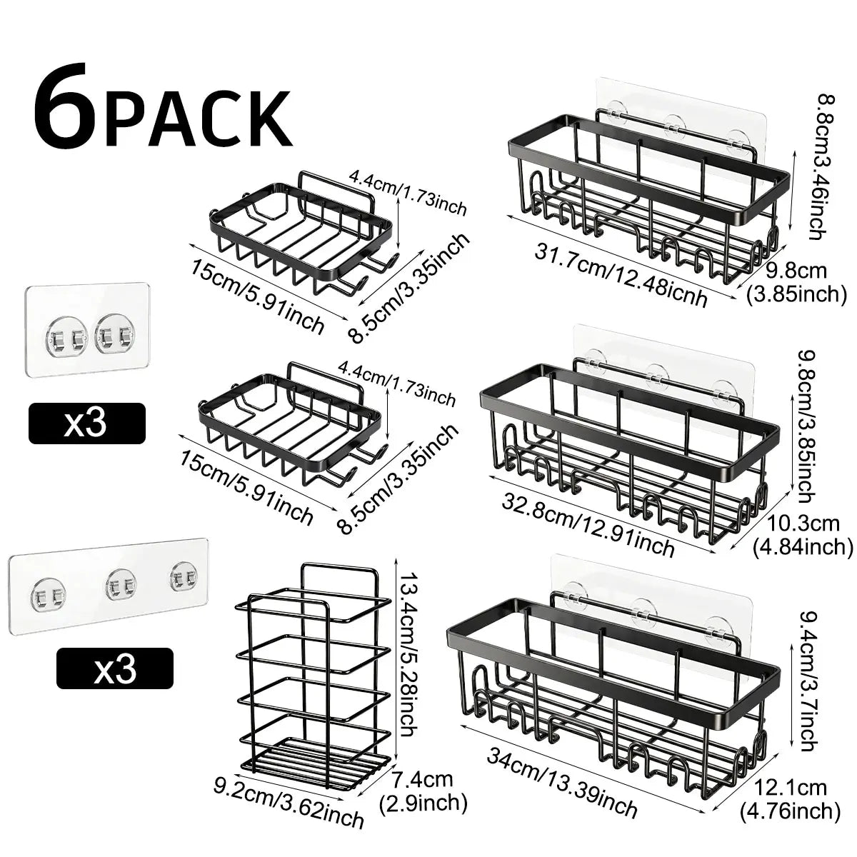 Self-Adhesive Wall Mount Shower Caddy (5/6pcs) - Advanced Rustproof, No-Drill Removable Shelves, Large-Capacity Indoor Wallmount Tidy for Easy Installation, Fits Bathrooms & Kitchens, Bathroom Supplies Storage